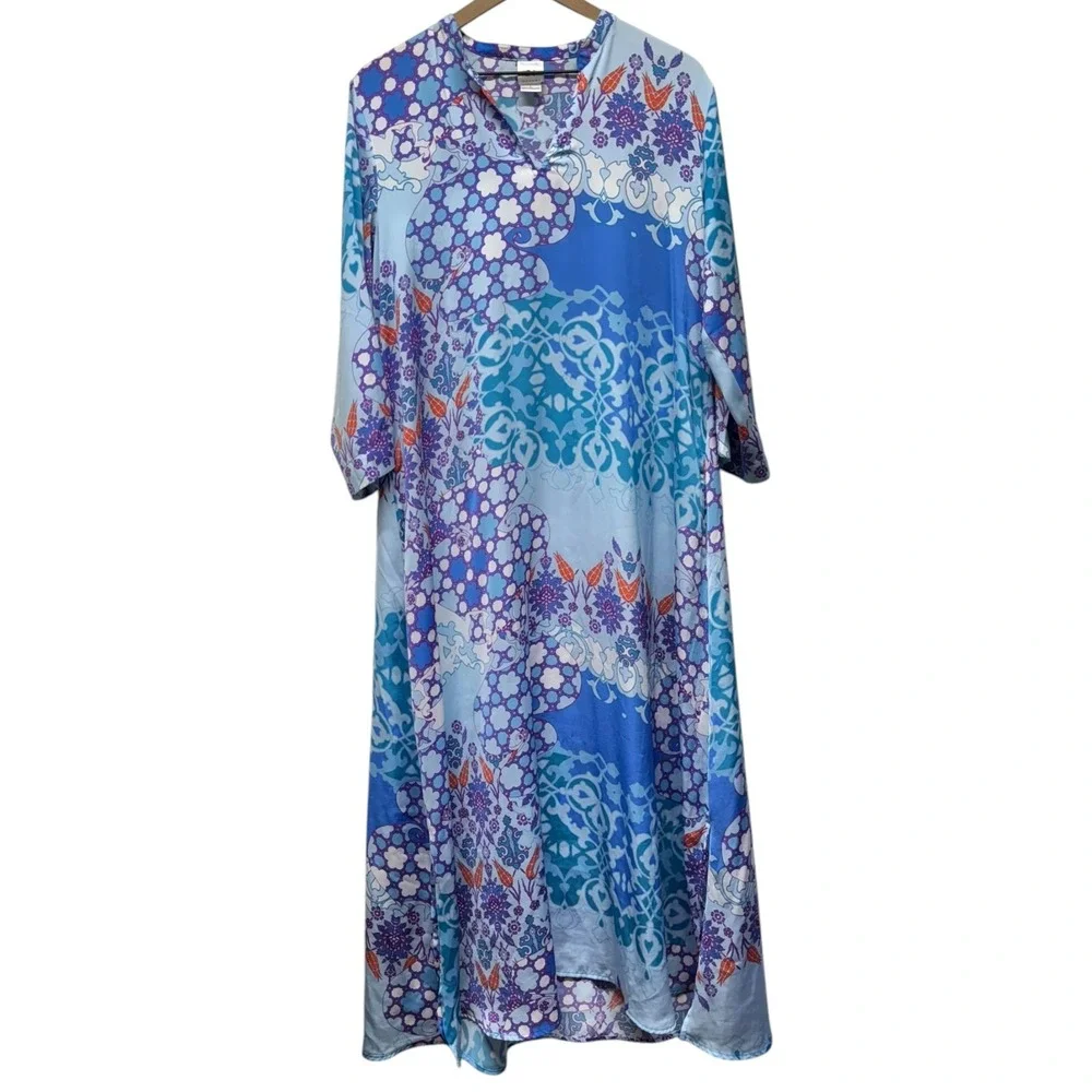 Natori Caftan Dress Women Sz L Artsy Floral Blue Satin Maxi V-Neck Lounge - Picture 1 of 5